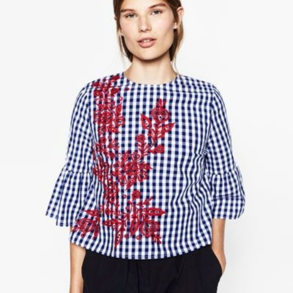 Zara Tops - ZARA Woman Red Embroidered Check Gingham Ruffle